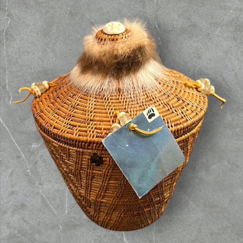 Alaskan Handwoven grass basket glass beads bone beads, carved medallion on lid